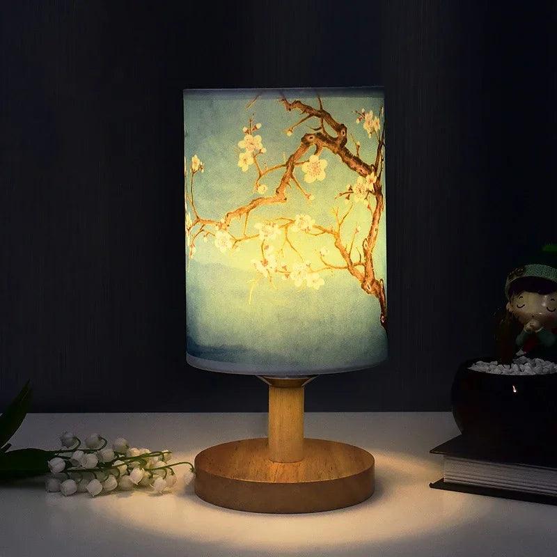 Japanese Cherry Blossom Table Lamp with Wood Base
