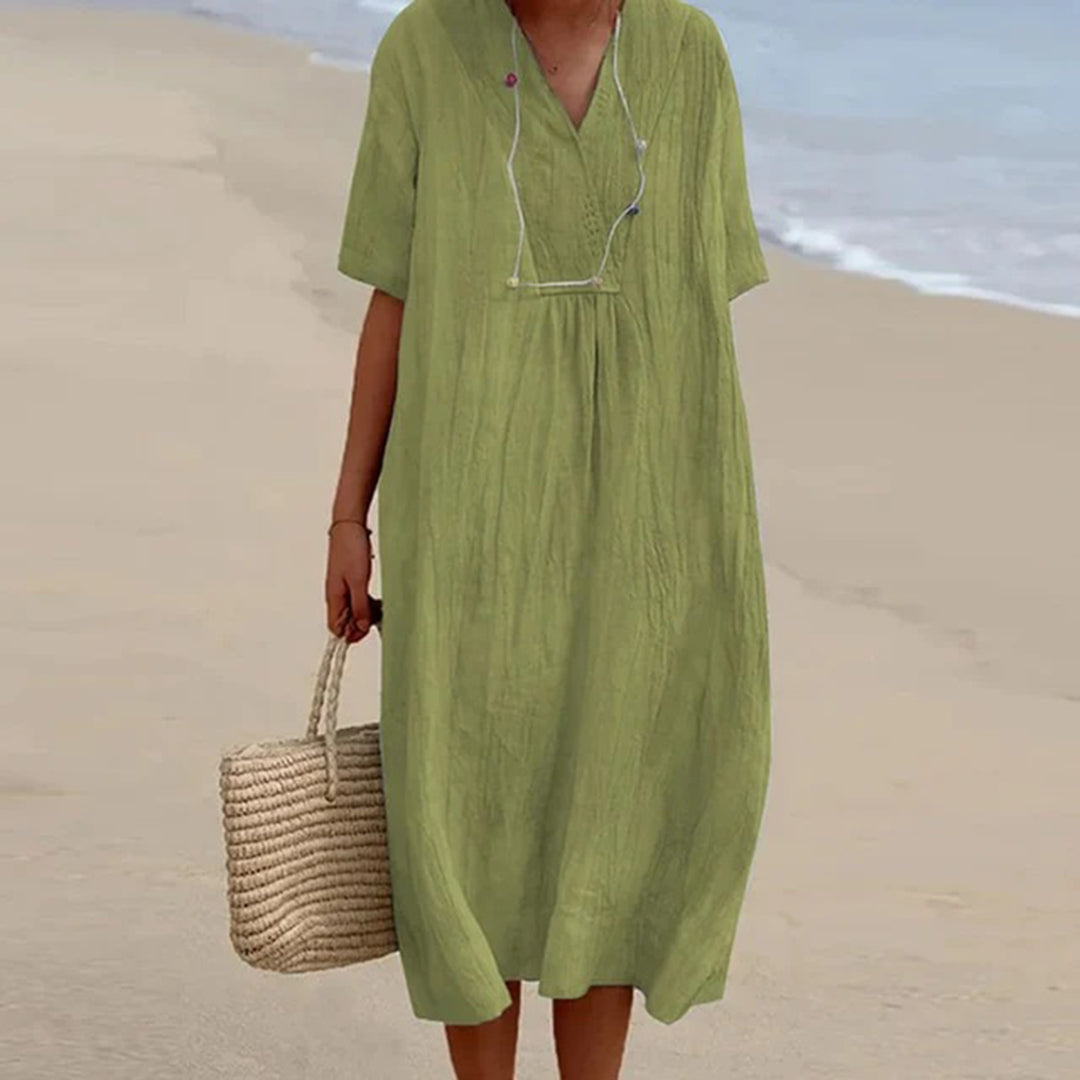 Summer Linen Midi Dress | V-Neck Loose Fit