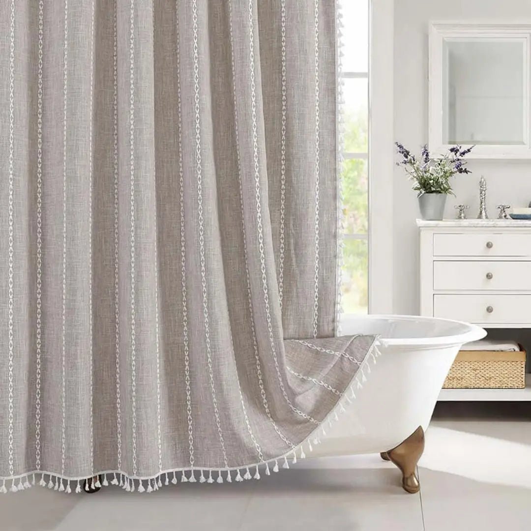 Linen Shower Curtain | Boho Tassel Farmhouse Design