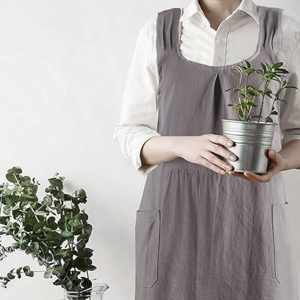 Korean-Inspired Cross-Back Apron Dress, Cotton Linen
