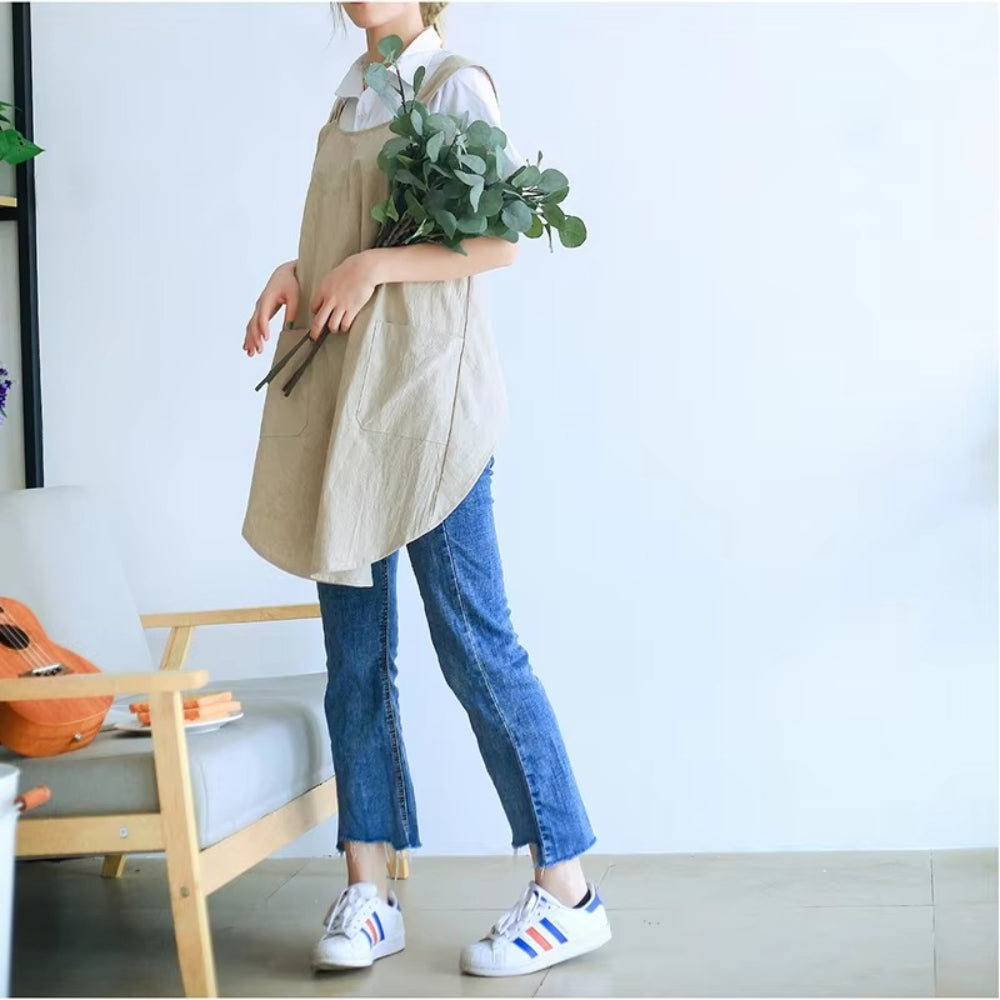 Korean-Inspired Cross-Back Apron Dress, Cotton Linen