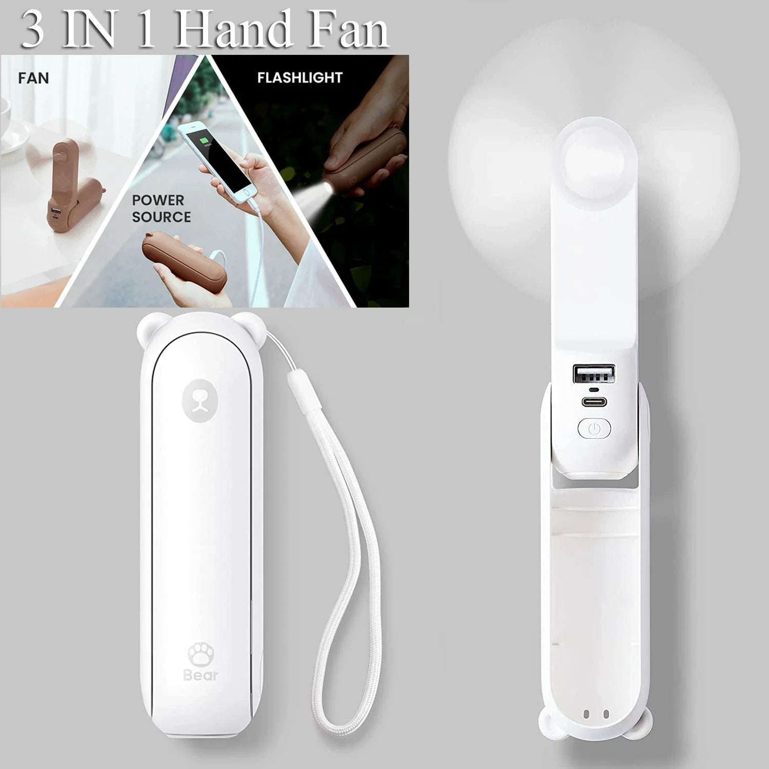 Foldable Portable Fan with Power Bank & Dual USB Charging Ports
