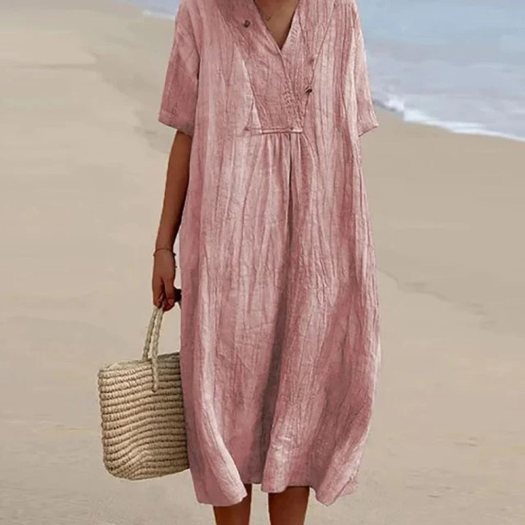 Summer Linen Midi Dress | V-Neck Loose Fit