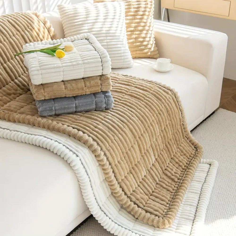 Plush Pleated Edge Couch Cover - Flannel Sofa Throw