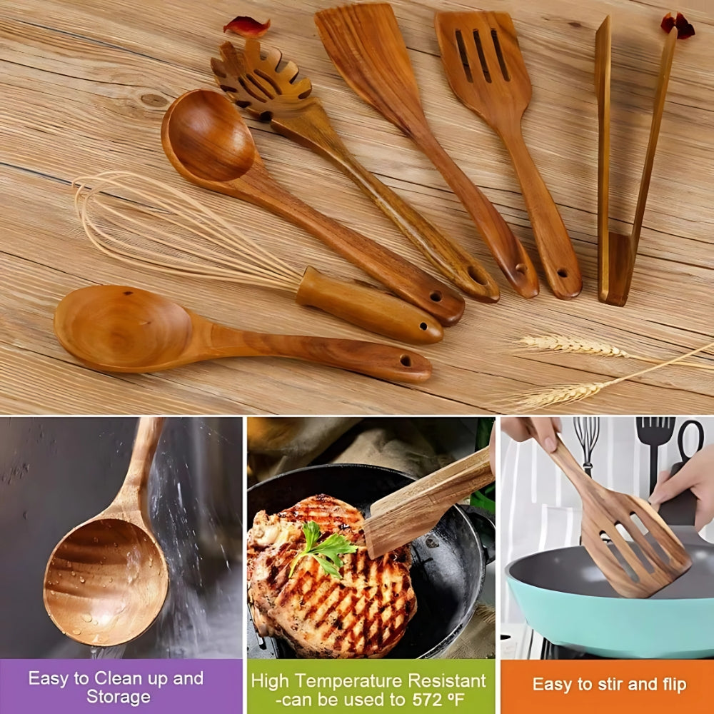 Premium Teak Wood Cooking Utensils, 7-Piece Set