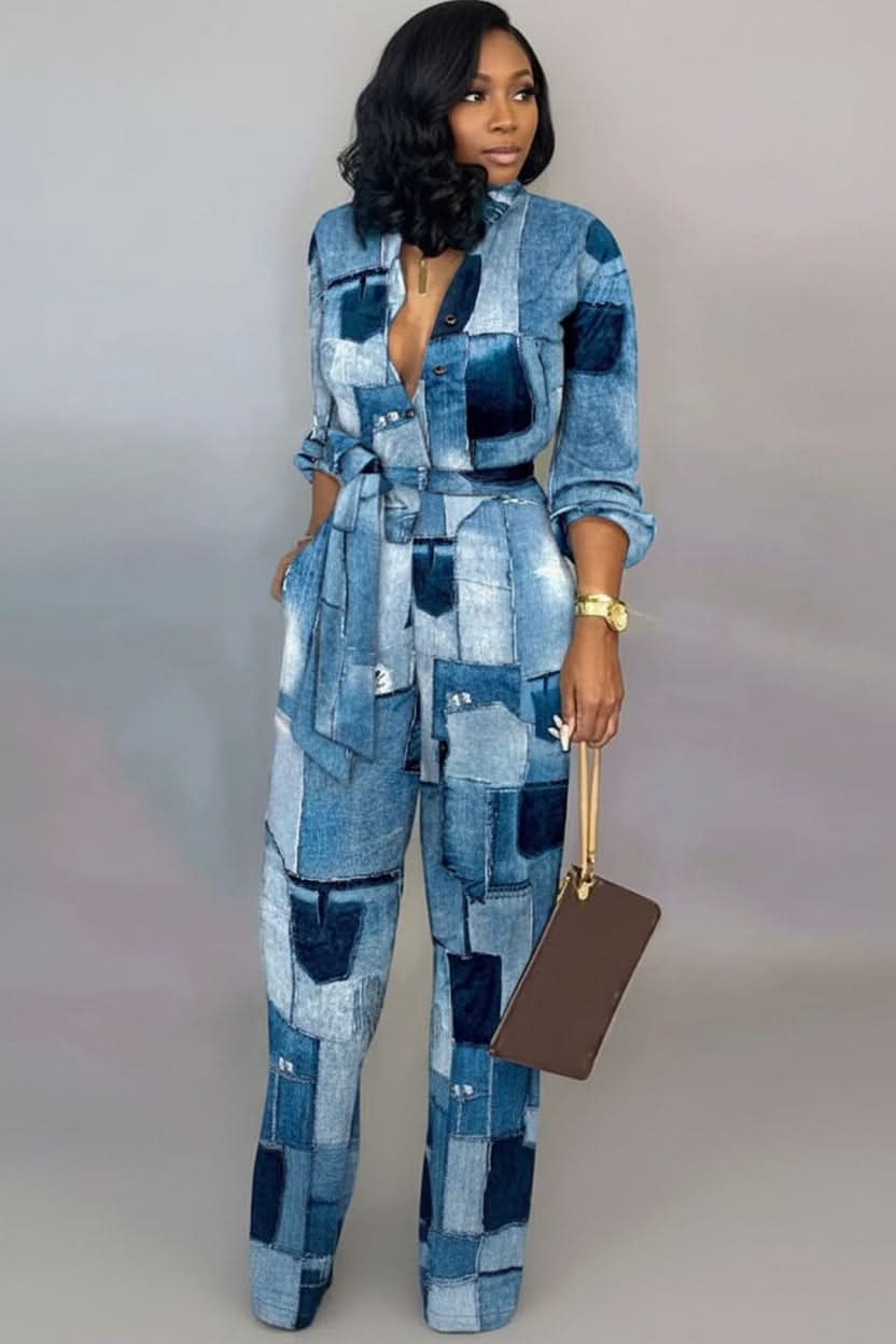 Effortless V-Neck Jumpsuit with Adjustable Lace-Up Detail