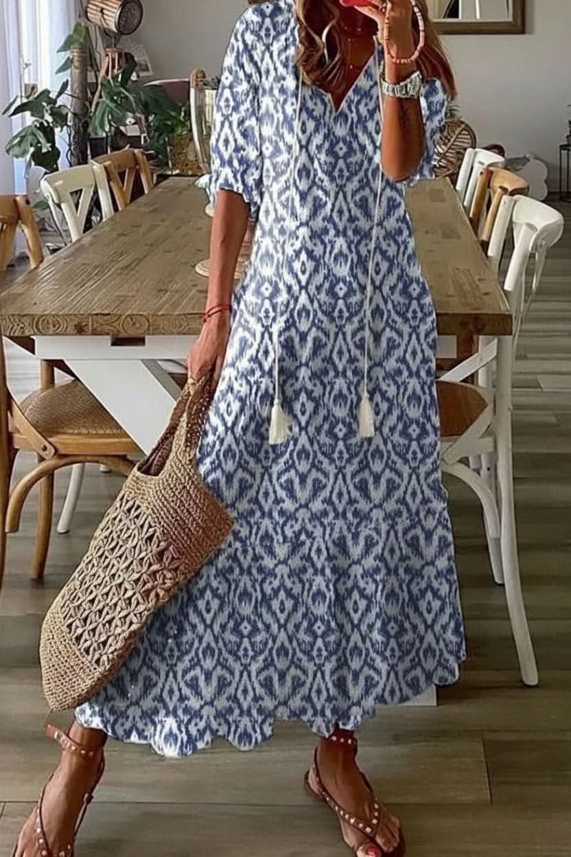 Bohemian Print Maxi Dress with Adjustable Waist