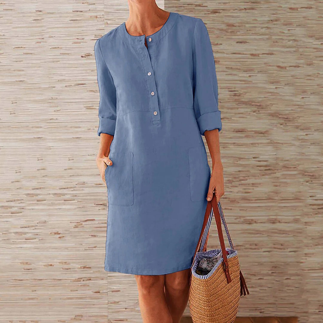 Linen Summer Shift Dress - Button-Front Roll-Up Sleeves