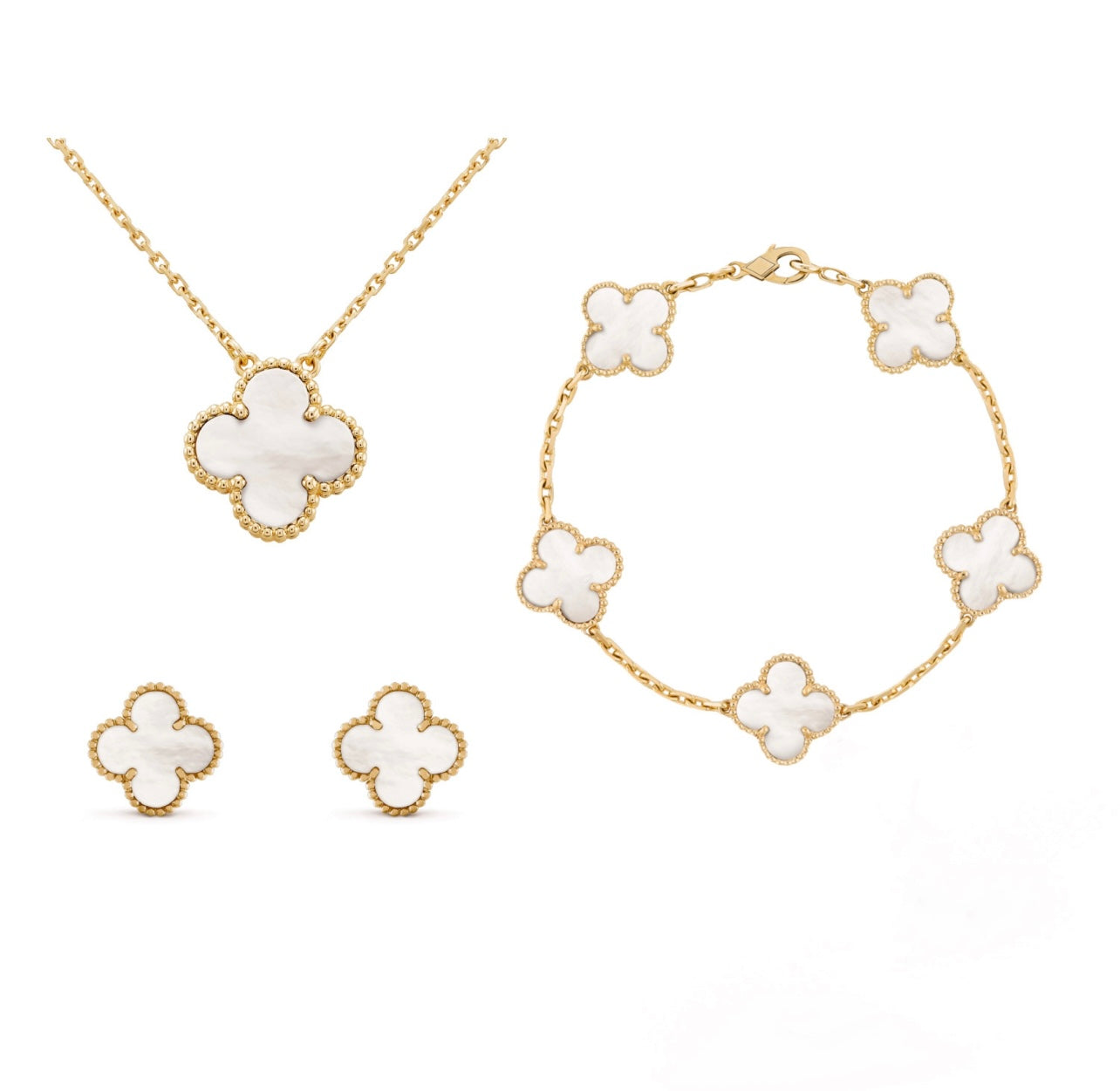 Four Leaf Clover Mother of Pearl Jewelry Set, Gold Plated