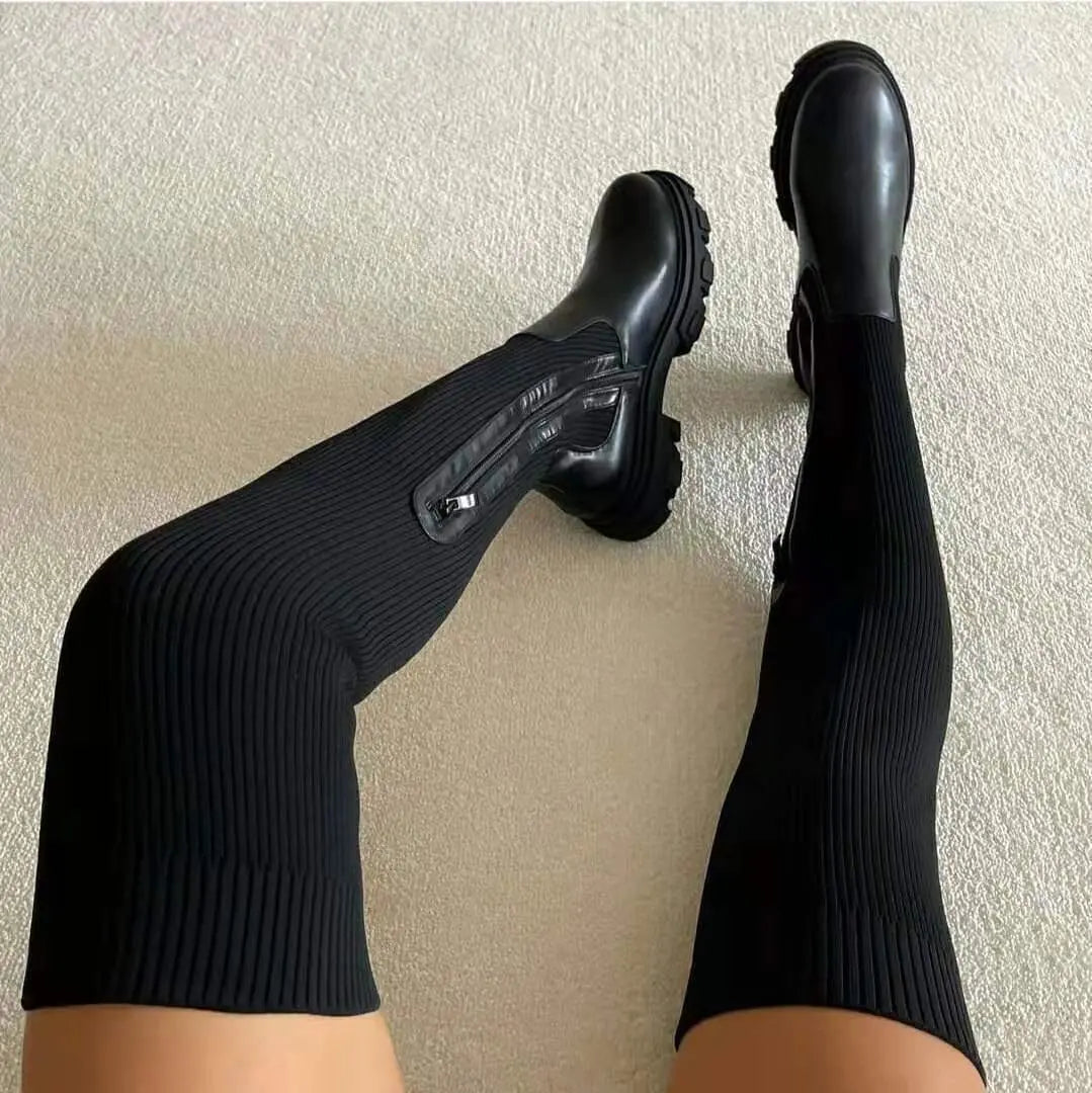 Ribbed Knit Boots | Stretchy Knee-High Design