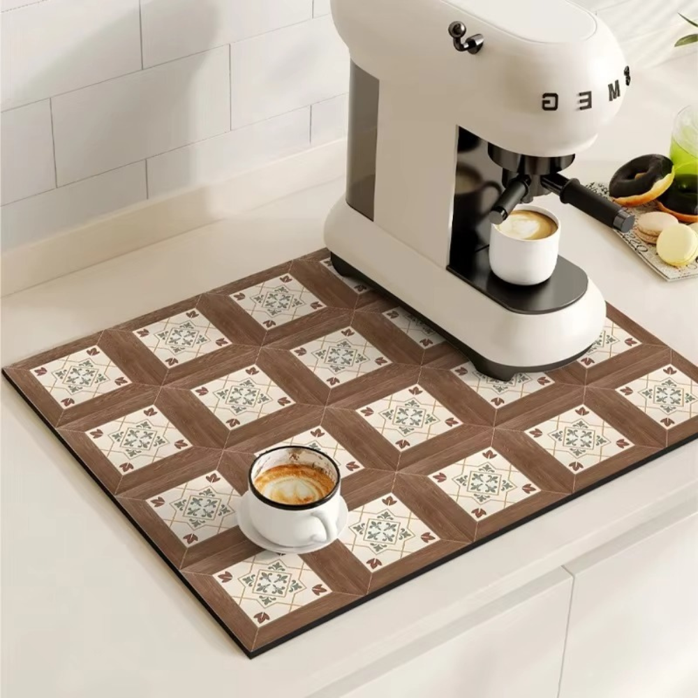 Retro Tile Coffee Bar Drying Mat - Absorbent & Non-Slip