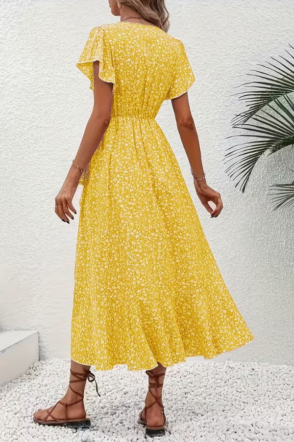 Floral V-Neck Dress with Asymmetrical Detailing