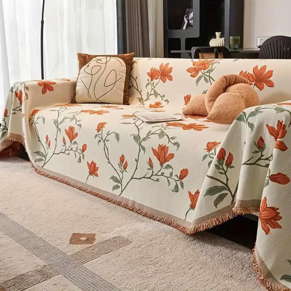 Vintage Floral Chenille Couch Protector with Tassel Detail