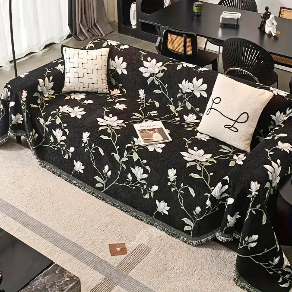 Vintage Floral Chenille Couch Protector with Tassel Detail