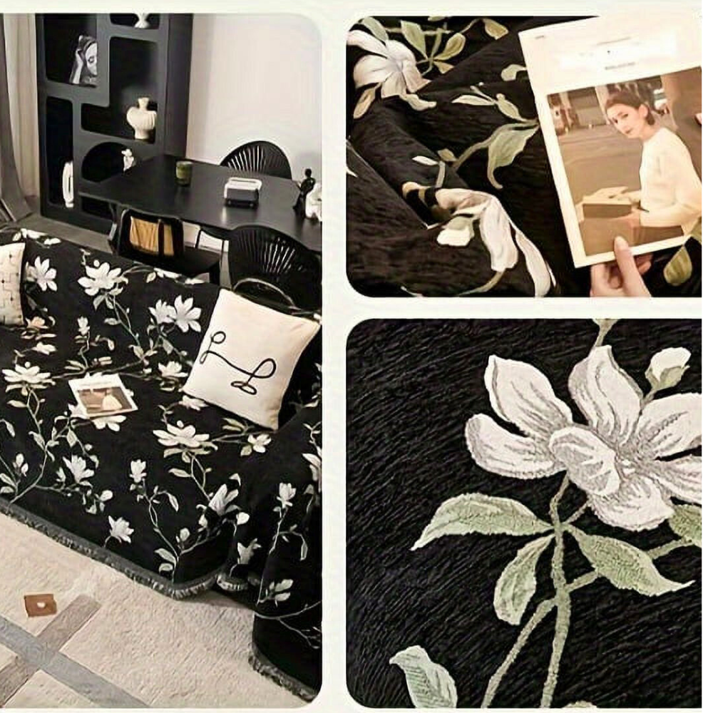 Vintage Floral Chenille Couch Protector with Tassel Detail
