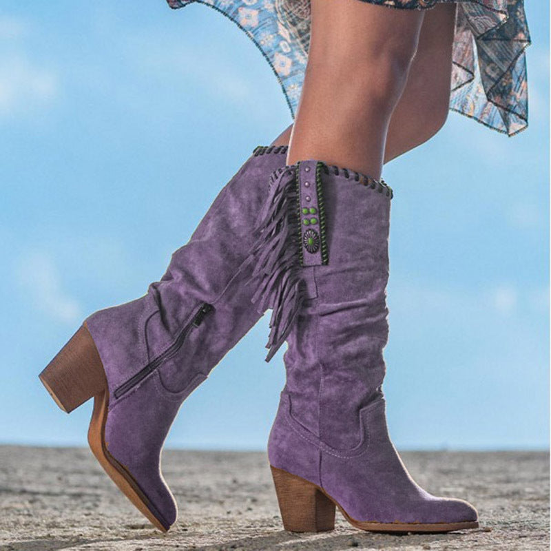 Western Fringe Suede Knee-High Boots, Block Heel