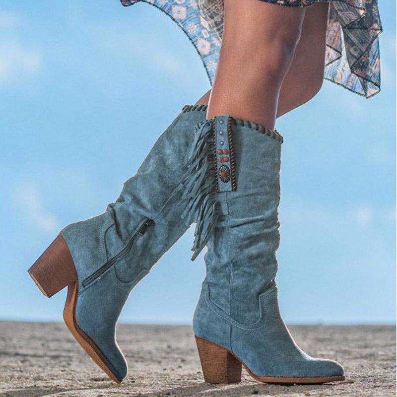 Western Fringe Suede Knee-High Boots, Block Heel