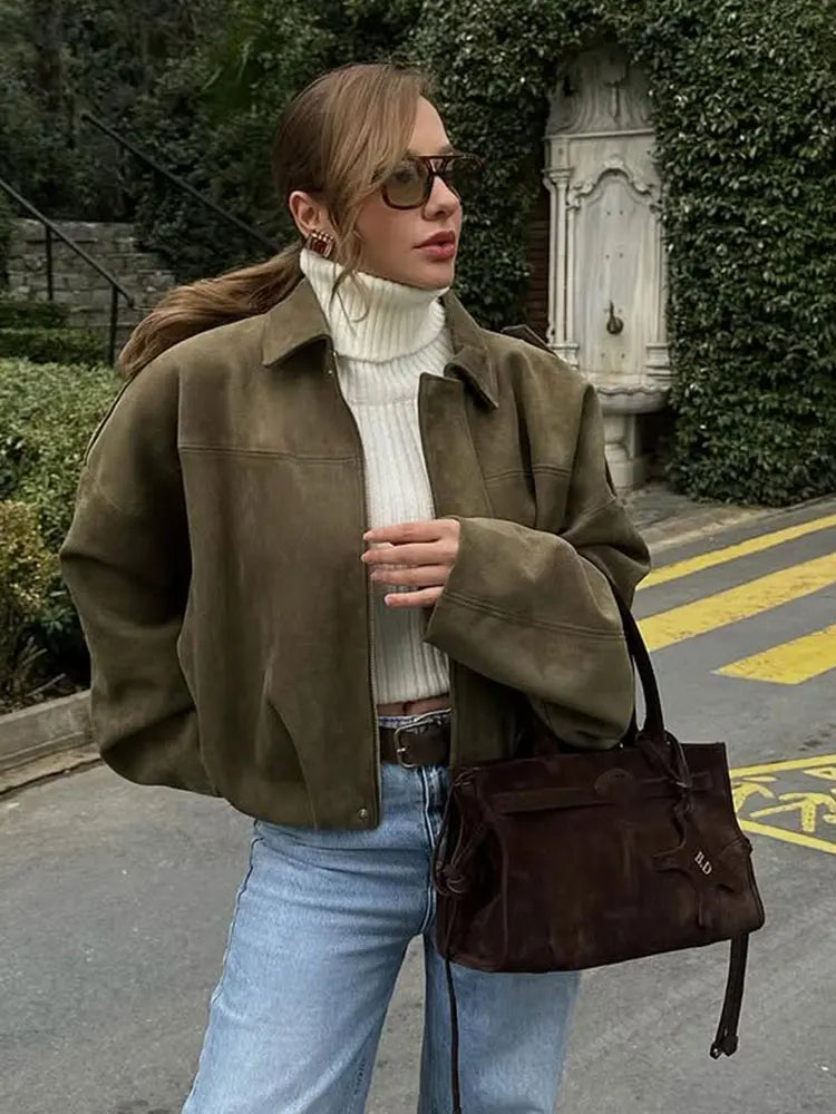 Oversized Vintage Suede Bomber Jacket, Brown & Green