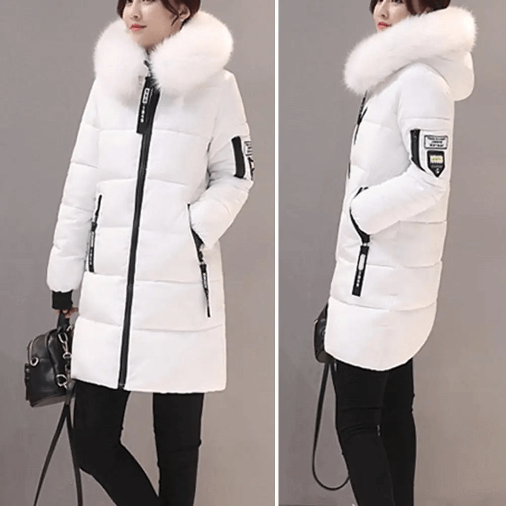 Windproof Puffer Coat for Women - Hooded Mid-Length