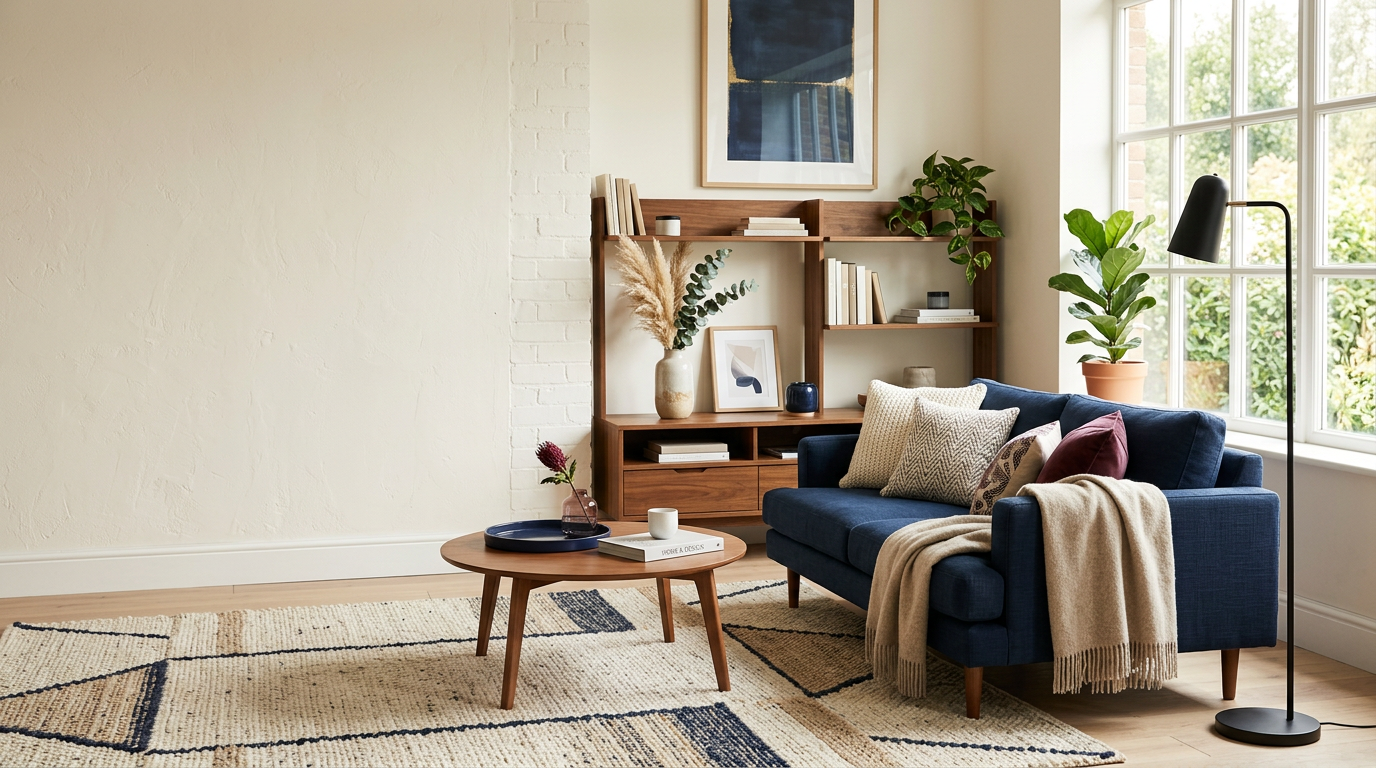 Cozy modern living room with navy sofa and home decor styling