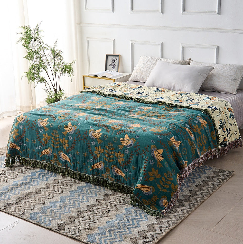 Reversible Scandinavian Bird Print Cotton Blanket