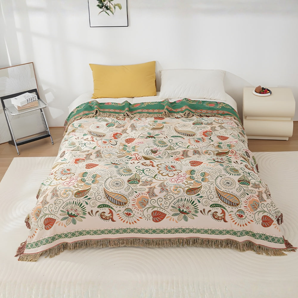 Autumn Leaf Boho Reversible Throw, Cotton Gauze Blanket