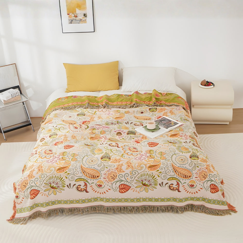 Autumn Leaf Boho Reversible Throw, Cotton Gauze Blanket