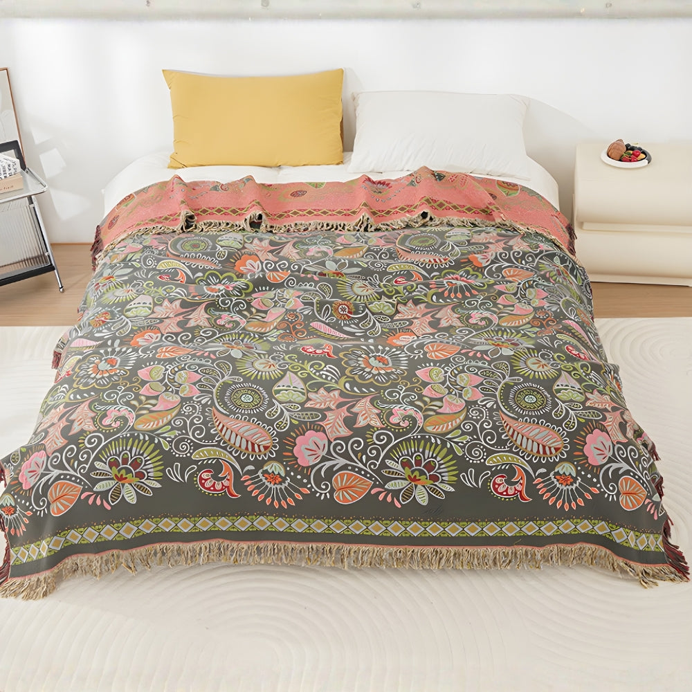 Autumn Leaf Boho Reversible Throw, Cotton Gauze Blanket