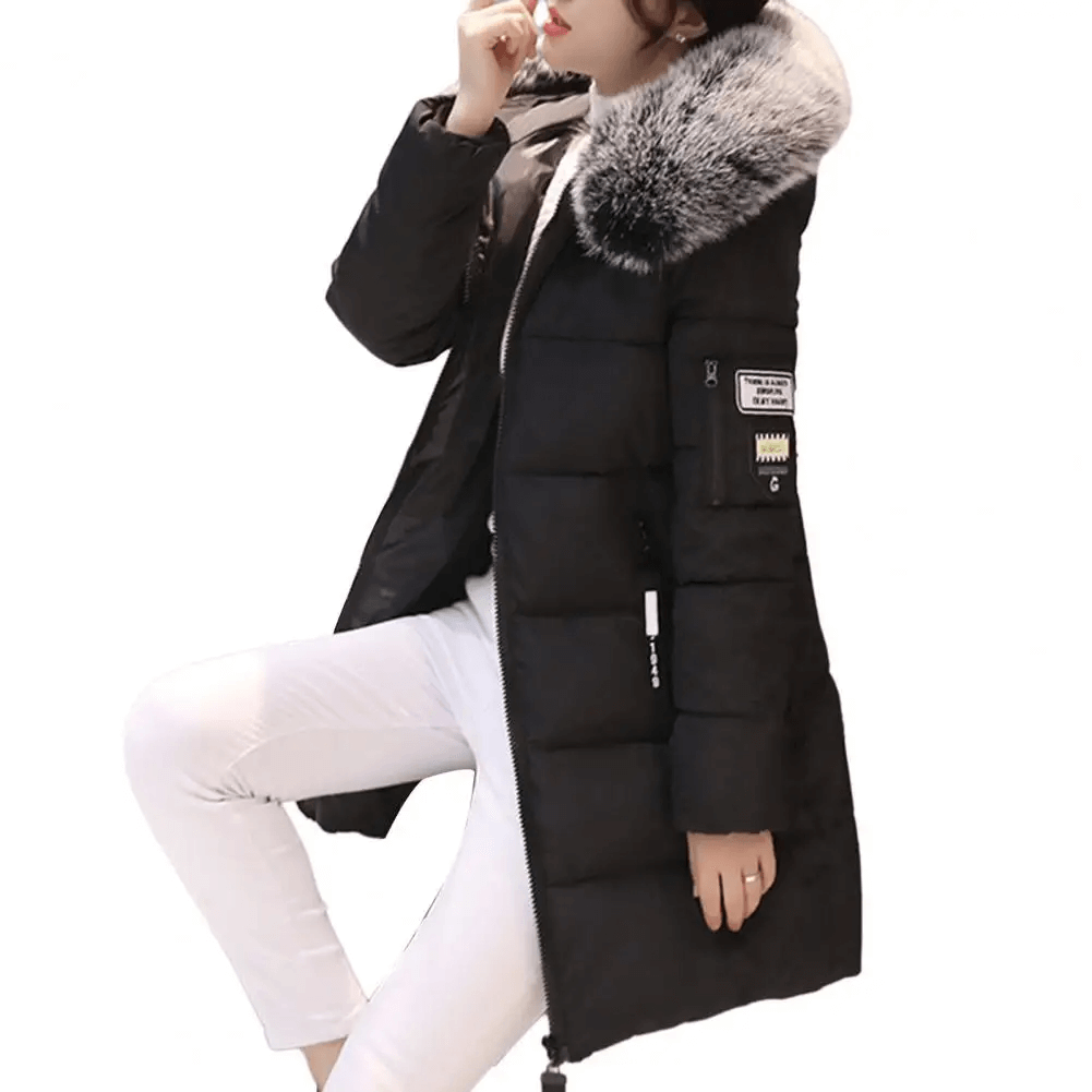 Windproof Puffer Coat for Women - Hooded Mid-Length