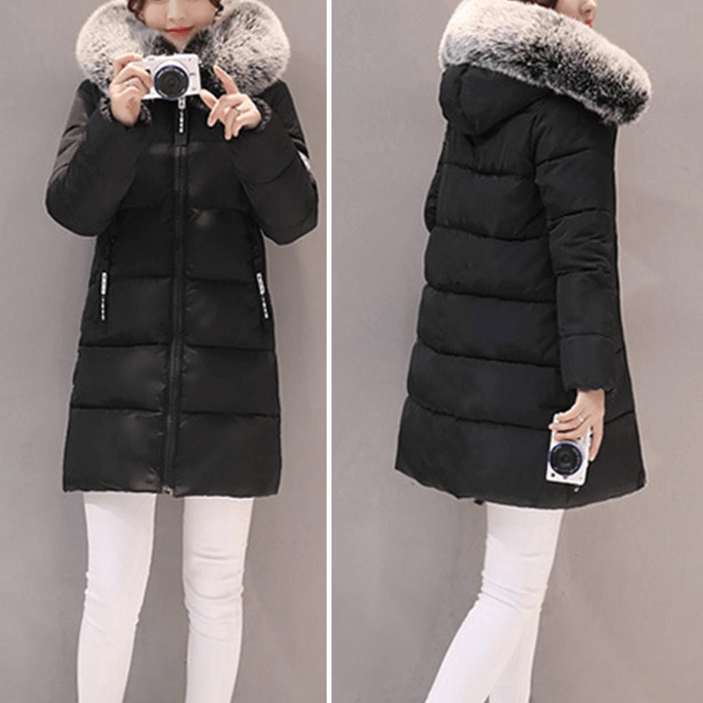Windproof Puffer Coat for Women - Hooded Mid-Length