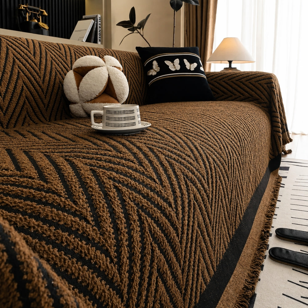 Chevron Herringbone Couch Cover - Textured Tassel Sofa Throw