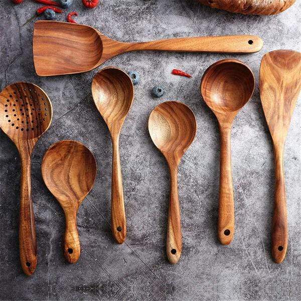 Teak Wood Kitchen Utensil Set, 7-Piece Non-Stick Safe
