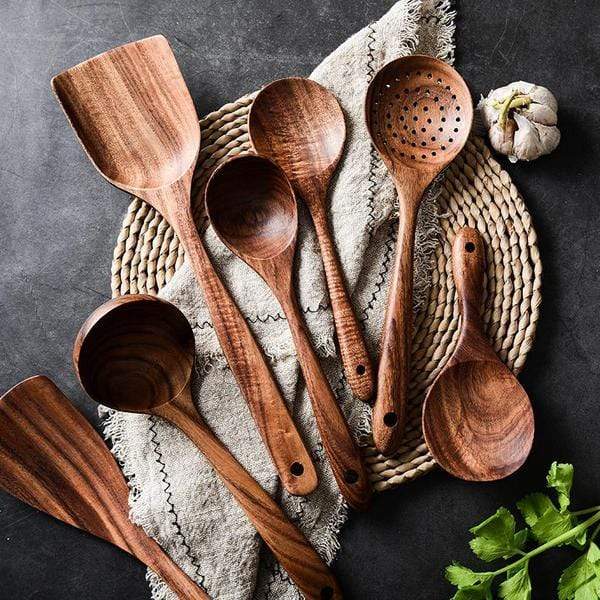Teak Wood Kitchen Utensil Set, 7-Piece Non-Stick Safe