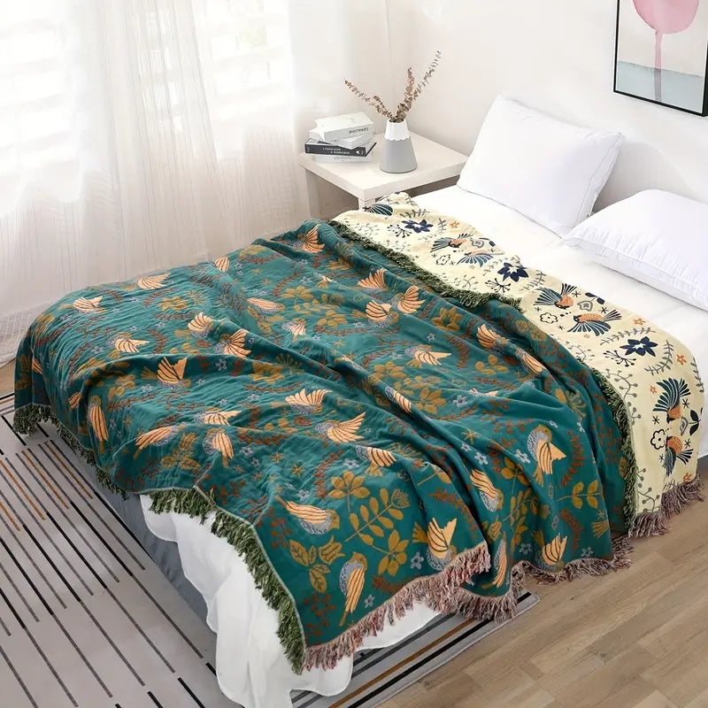 Reversible Scandinavian Bird Print Cotton Blanket