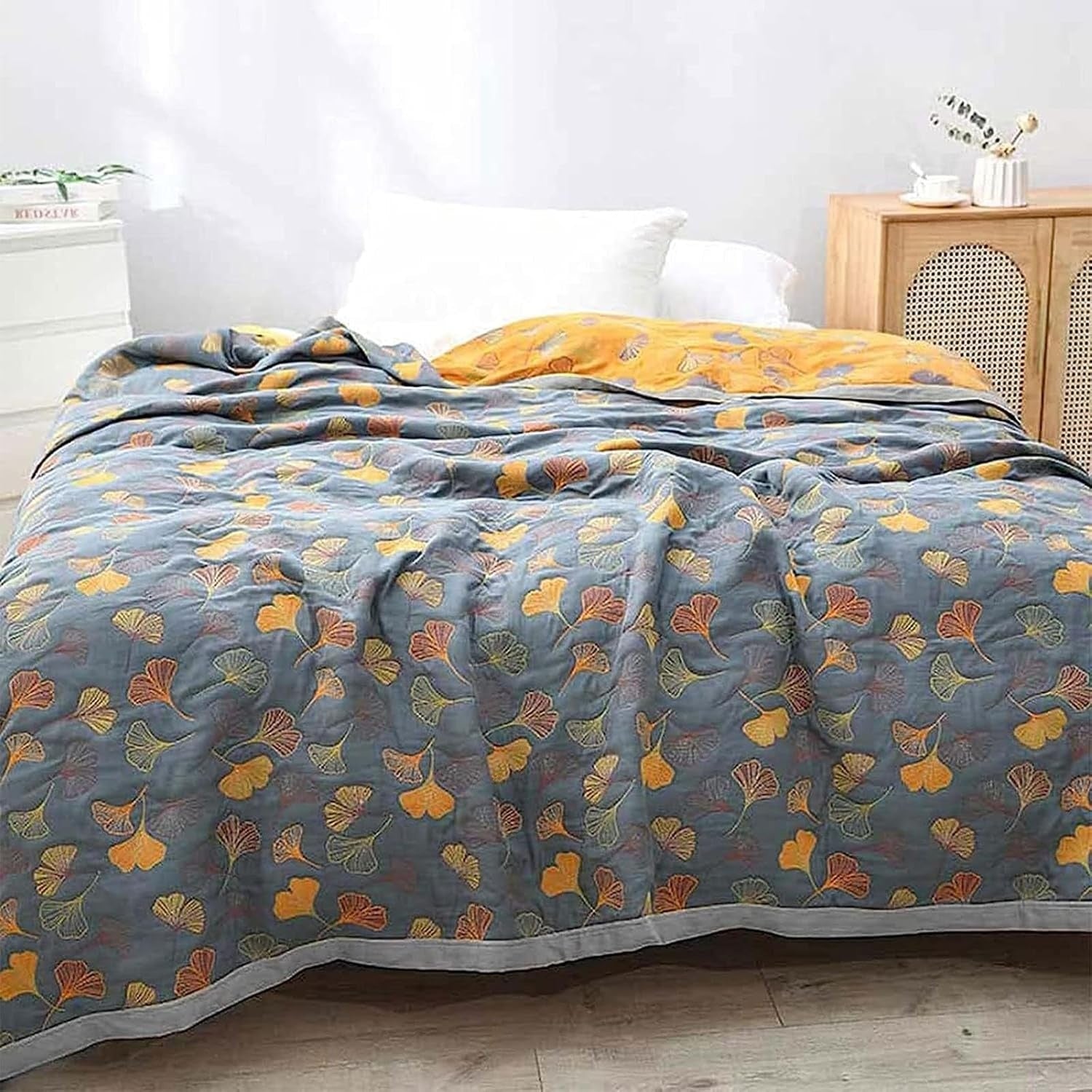 Ginkgo Leaf Reversible Quilt Throw Blanket