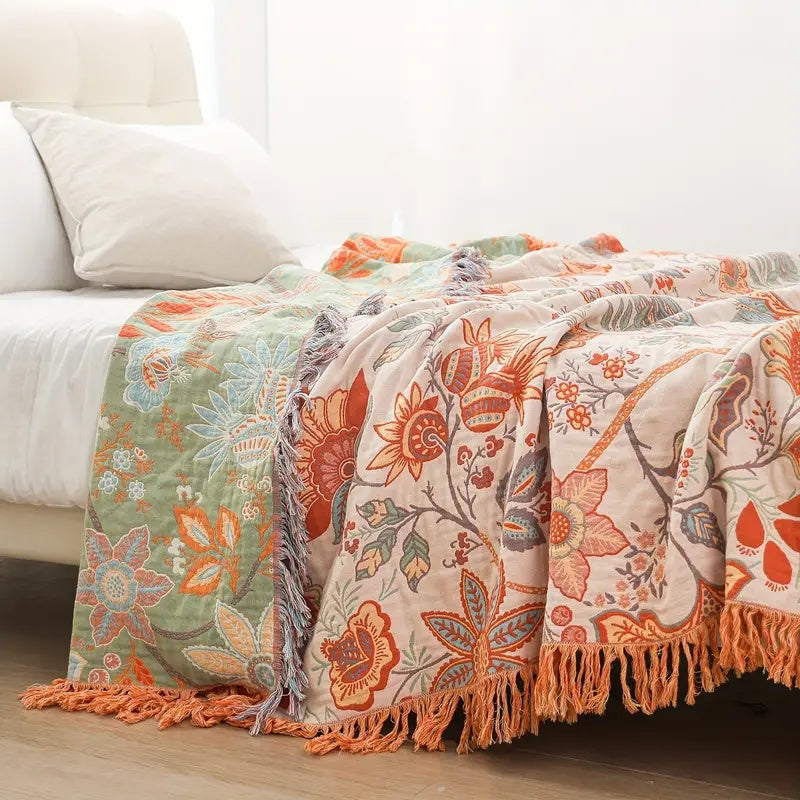 Rustic Floral Boho Cotton Throw Blanket with Fringe