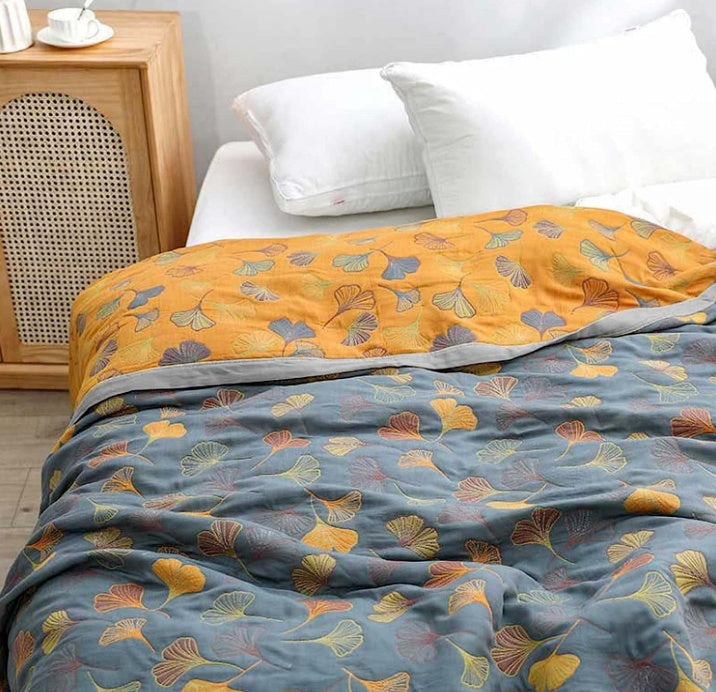 Ginkgo Leaf Reversible Quilt Throw Blanket