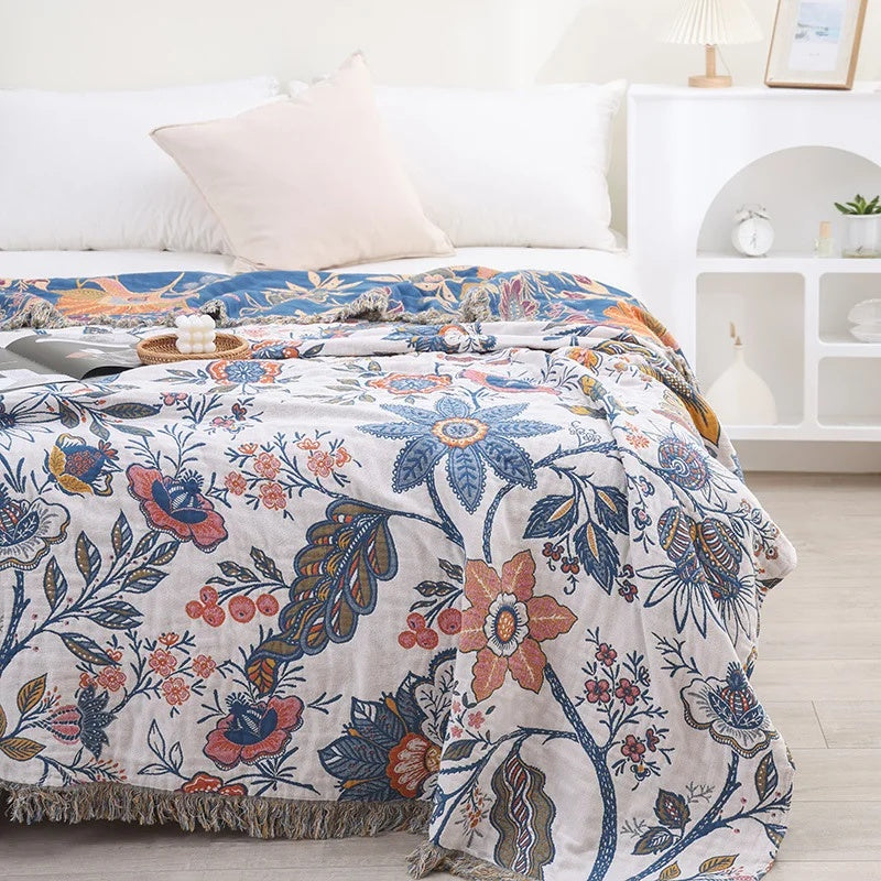 Artistic Floral Cotton Throw Blanket with Tassels
