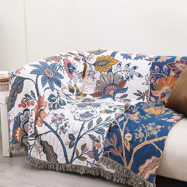 Artistic Floral Cotton Throw Blanket with Tassels