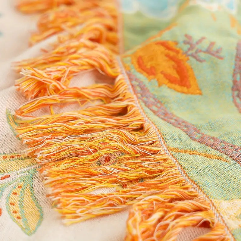 Rustic Floral Boho Cotton Throw Blanket with Fringe