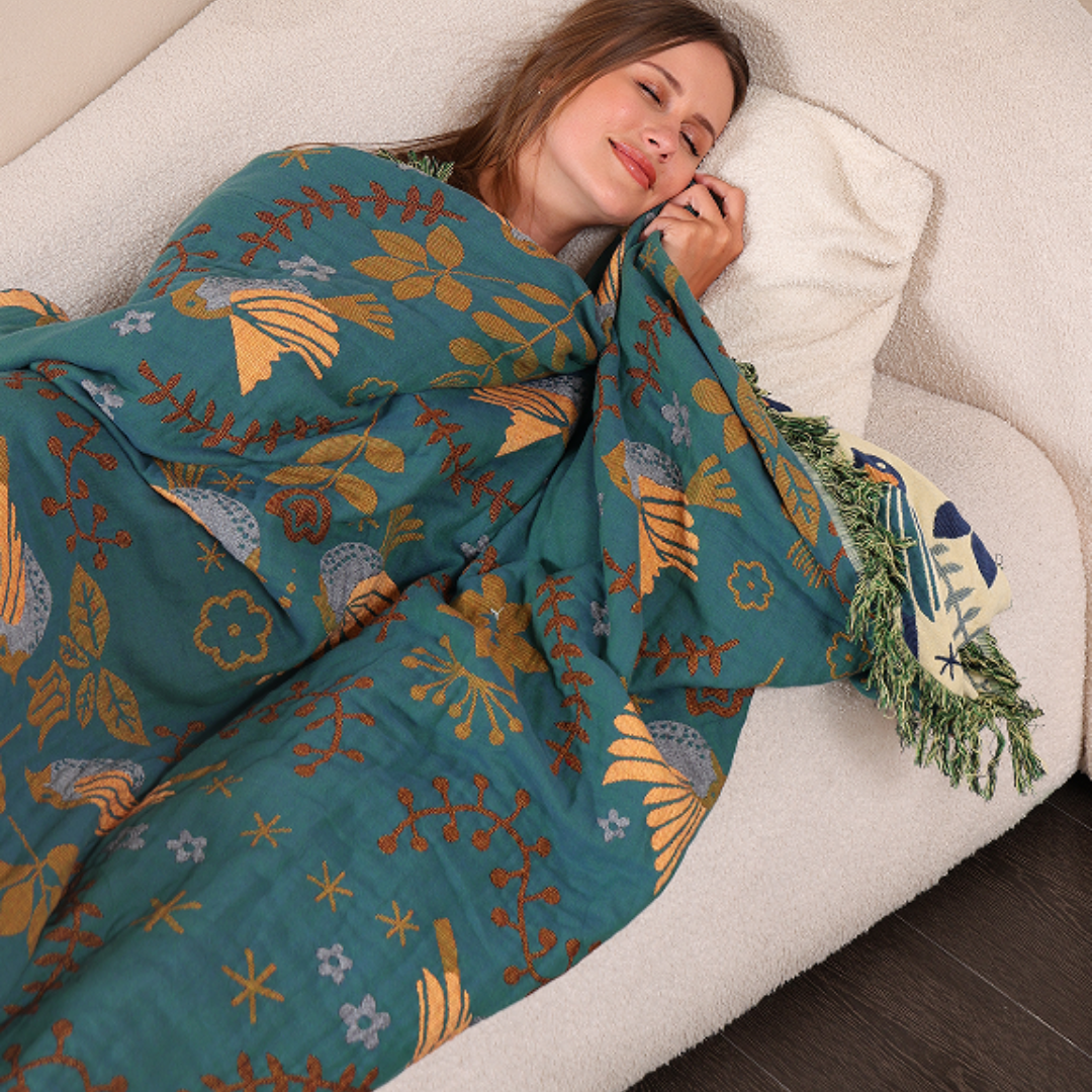 Reversible Scandinavian Bird Print Cotton Blanket