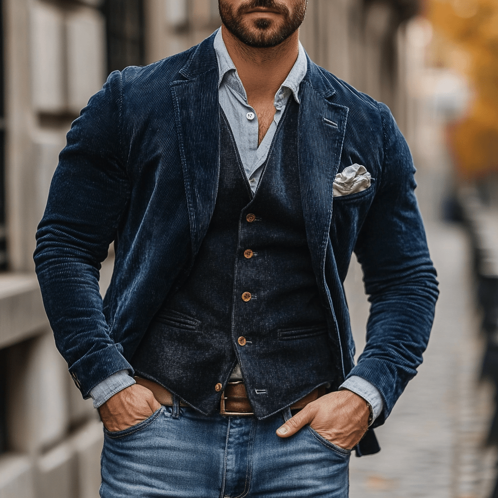 Classic Corduroy Blazer & Vest Set - Navy Two-Piece