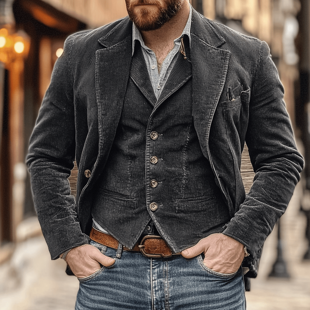 Classic Corduroy Blazer & Vest Set - Navy Two-Piece