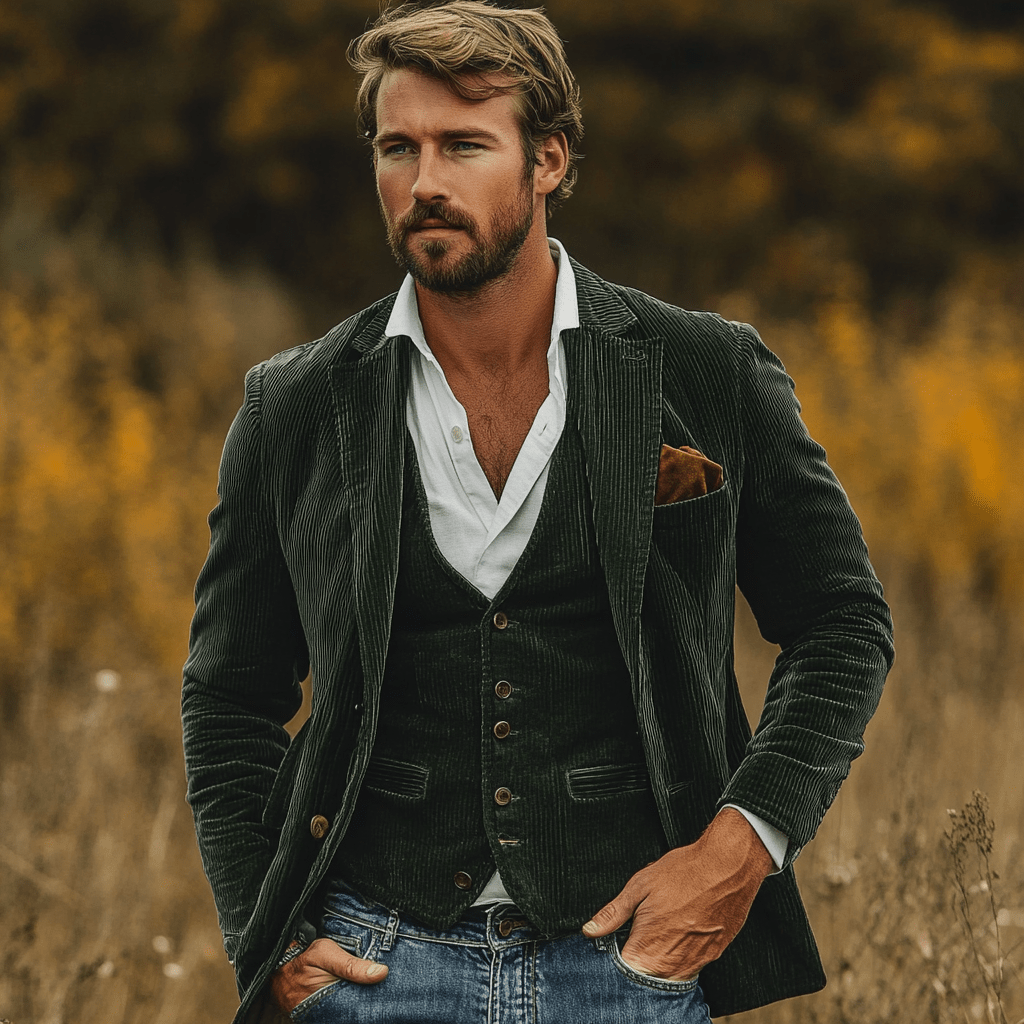 Classic Corduroy Blazer & Vest Set - Navy Two-Piece